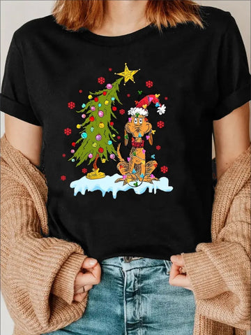 Women's Casual Christmas Tree And Dog Print T-Shirt, Round Neck, Short Sleeve, Cartoon Pattern,Regular Fit Tee For All Seasons