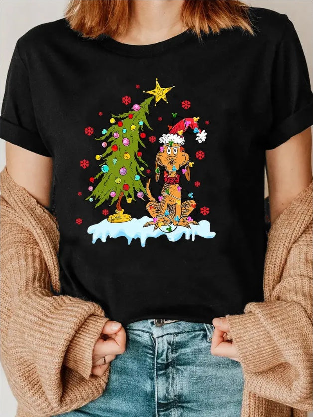 Women's Casual Christmas Tree And Dog Print T-Shirt, Round Neck, Short Sleeve, Cartoon Pattern,Regular Fit Tee For All Seasons